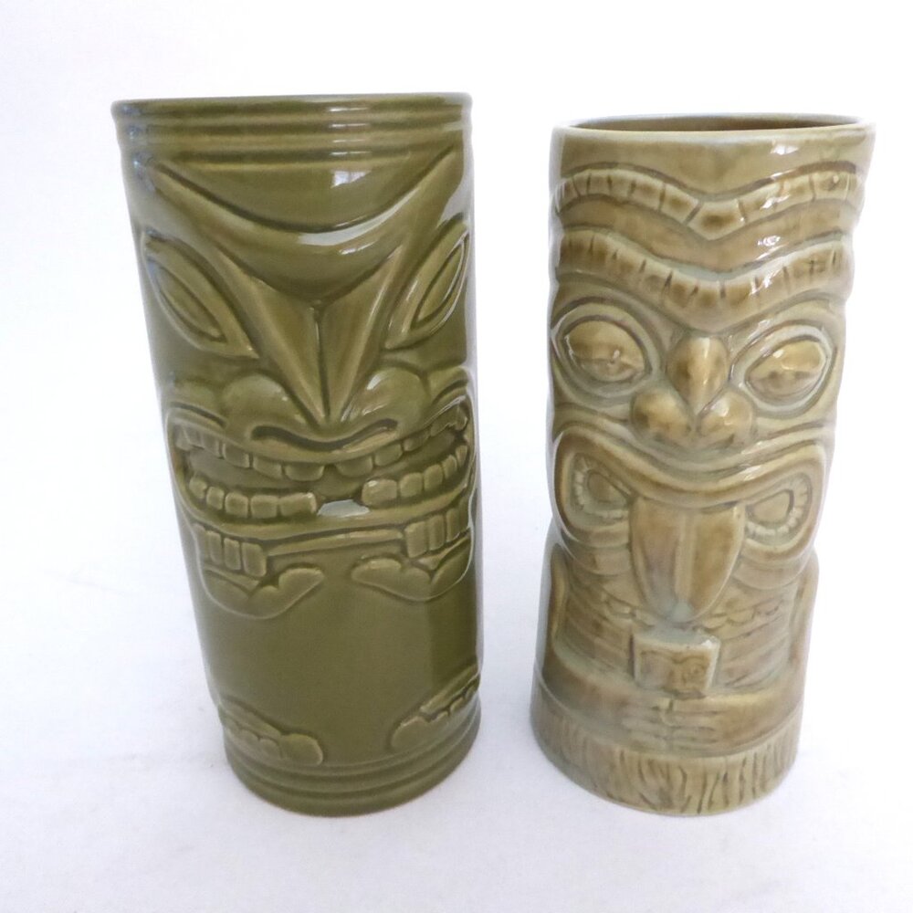 NEW VINTAGE MAORI SHAKA TOTEM GREEN CERAMIC TIKI MUG LOT OF 2